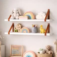 Prateleiras MDF Para Quarto Decoração Branca 60x15 cm Alças de Couro Rosa Azul Caramelo