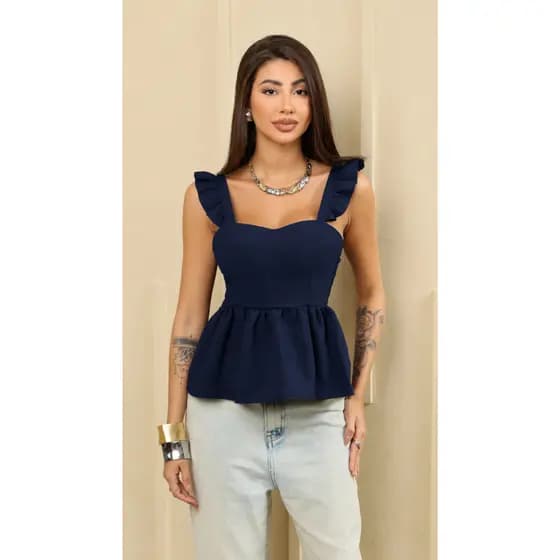Blusa Feminina Peplum com Babados nas Alças e Decote Coração. elegante