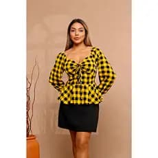 blusa de frio feminina xadrez manga longa com Amarração Frontal