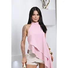 Blusa Feminina Gola Alta Frente Única Babado Cascata Tecido Plano