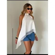 BLUSA FEMININA GOLA ALTA ASSIMÉTRICO HALTER COM RENDA ELEGANTE