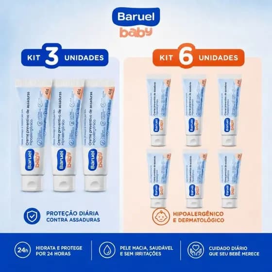 KIT 3 OU 6 UNIDADES CREME PREVENTIVO DE ASSADURAS BARUEL BABY 45G CADA