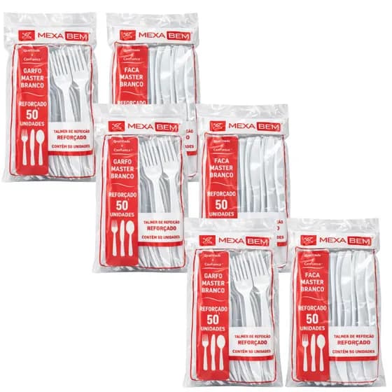 Kit Garfo e Faca Descartável 300 Unidades – 6 Pacotes de 50 Talheres Plásticos para Festa, Churrasco