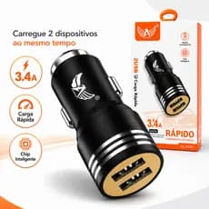 Carregador Veicular 2 Portas USB 3.4A Carga Rápida para Celular Carro Caminhão