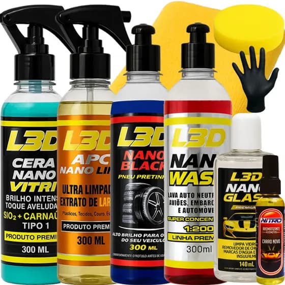 Kit Estética Automotiva Completo - Nano Glass + Cera + APC + Pretinho + Shampoo + Flanela + Luva