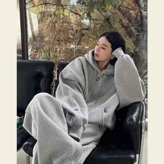 Conjunto de moletom com capuz estilo preguiçoso cintura alta calças largas