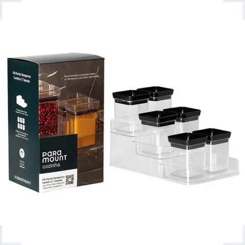 Kit Organizador Porta Temperos Acrilico Tampa Transparente e Preta Cozinha Organizador 7 peças
