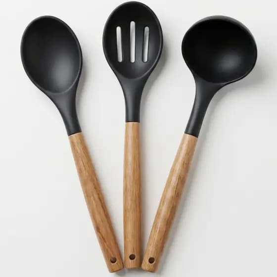 Kit 3 Utensílios Silicone Cabo Madeira Colher Concha Espátula para Cozinha