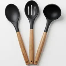 Kit 3 Utensílios Silicone Cabo Madeira Colher Concha Espátula para Cozinha