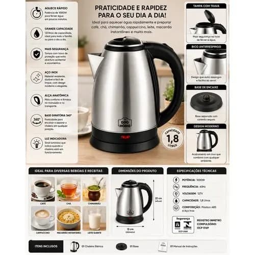 Chaleira Elétrica 1000W 127V 1.8 Litros Inox Ddg Home Jarra Elétrica Café Chá Água Quente Oferta!