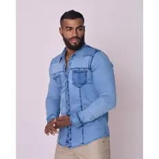 Camisa Jeans COM ELASTANO Masculino Manga Longa Slim LAYCRA LINHA PREMIUM MODELADA CASUAL