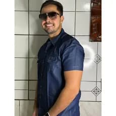 Camisa Jeans Azul Masculina Manga Curta Slim Casual Social com Bolsos Premium