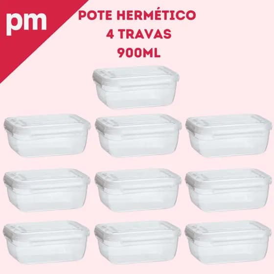 Kit 10 Marmita Potes 900ml com Travas Laterais BPA FREE Alimentos organizadores de congelador