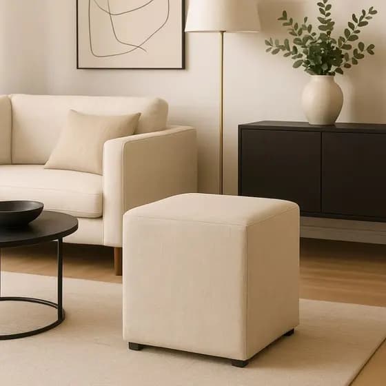 Puff Banco Banqueta Quadrado Kim 40cm Para Provador Sala Closet Penteadeira Tecido Linho Bege