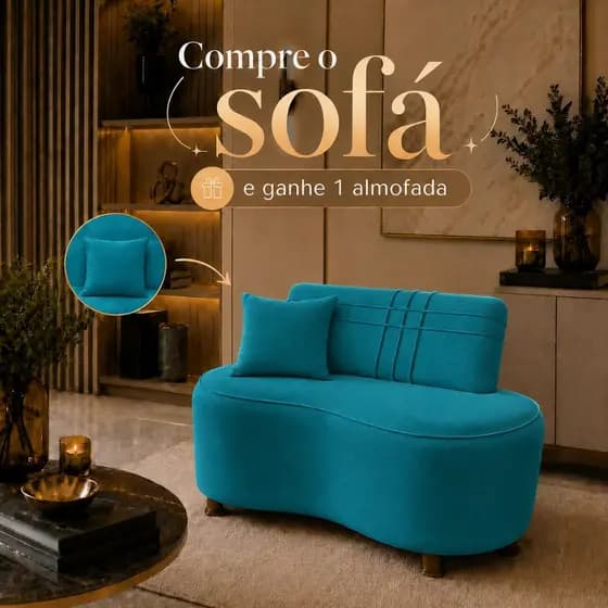 Sofá Orgânico Hoseok Compacto Curvo 1 Metro Decorativo Sala Recepção Moderna Suede Azul Turquesa