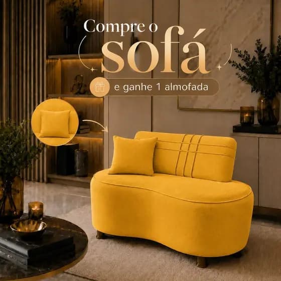 Sofá Orgânico Hoseok Curvo Slim Compacto Luxo Sala Recepção Decorativo Exclusivo Suede Amarelo