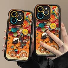 Capa Capinha Para iPhone 17 PRO MAX 16 11 12 13 14 15 com estampa de menina de bicicleta com flores W01814