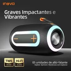 INOVA Caixa de Som Bluetooth Portátil Graves Som Estéreo Potente Luzes LED À Prova D'água Bateria Longa Duração