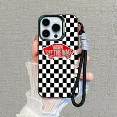 Capinha + cordão para iPhone 11 12 13 14 15 16 17 Pro Max Plus Samsung S25 S24 S23 A15 A36 Vans Xadrez