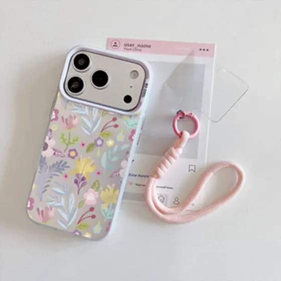 Capinha + cordão para iPhone 11 12 13 14 15 16 17 Pro Max Plus Samsung S25 S24 S23 A15 A36 Floral