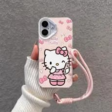 Capinha + cordão para iPhone 11 12 13 14 15 16 17 Pro Max Plus Samsung S25 S24 S23 A15 A36 Kitty Laço Rosa