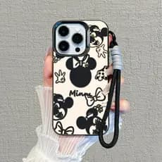 Capinha + cordão para iPhone 11 12 13 14 15 16 17 Pro Max Plus Samsung S25 S24 S23 A15 A36 Minnie Sketch Disney