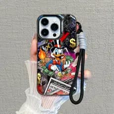 Capinha + cordão para iPhone 11 12 13 14 15 16 17 Pro Max Plus Samsung S25 S24 S23 A15 A36 Tio Patinhas Rico