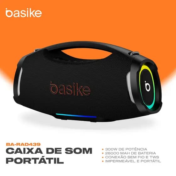 Caixa de Som Bluetooth Basike 300W Boombox 26000mAh IPX6 À Prova D'água RGB TWS Som Grave Forte