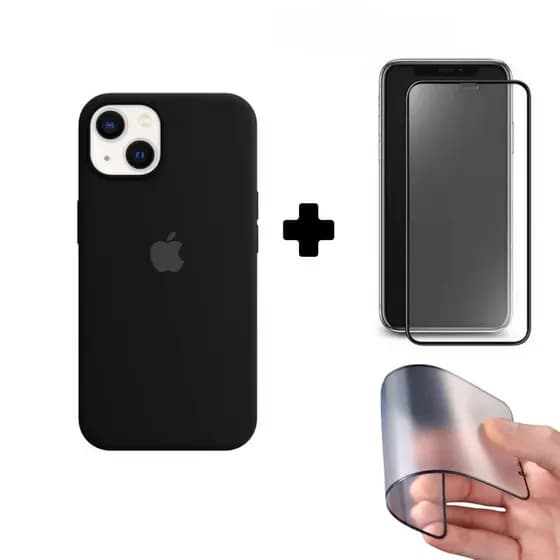Kit 2em1 Capa Case Preta+Película Cerâmica Fosca iPhone XS 11 12 13 14 15 16 Pro Max - Premium _AllMix