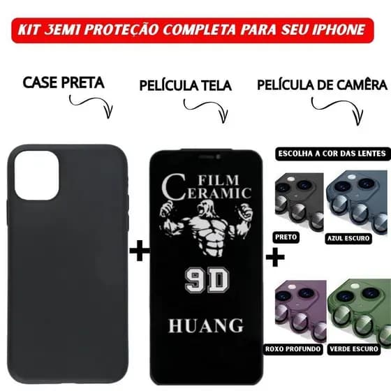 Kit 3em1 Case Preta + Película Cerâmica Privacidade + Película Câmera Colorida iPhone 11 12 13 14 15 16 Pro Max _AllMix