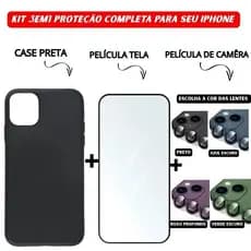 Kit 3em1 Case Preta + Película Vidro Temperado 3D + Película Câmera Colorida iPhone 11 12 13 14 15 16 Pro Max _AllMix