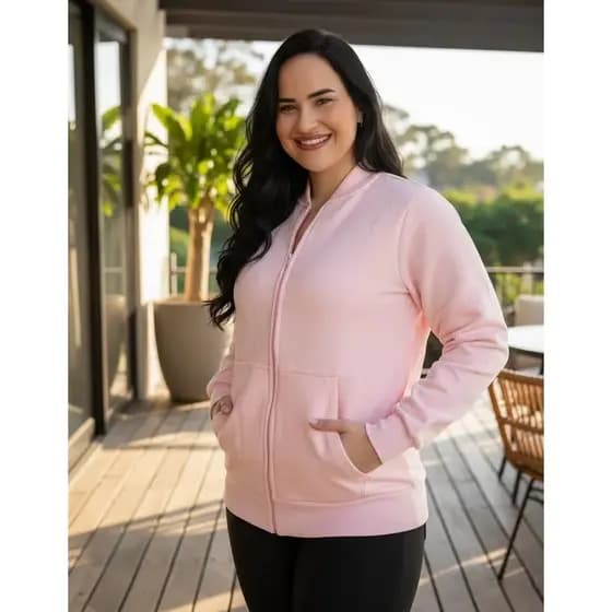 Moletom Canguru com Bolso e Capuz Aberto Unissex Blusa de Frio Rosa Lisa de Zíper
