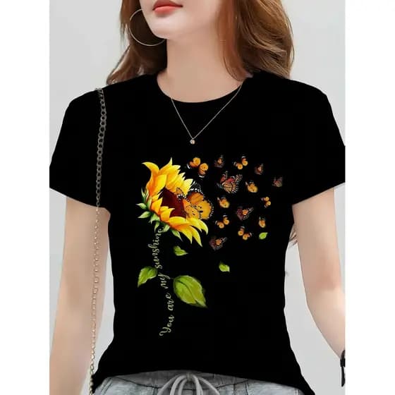 Camiseta Feminina  com Estampa de Girassol e Borboleta - Design Floral Vibrante, Tecido Macio e Respirável, Top Casual