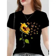 Camiseta Feminina  com Estampa de Girassol e Borboleta - Design Floral Vibrante, Tecido Macio e Respirável, Top Casual