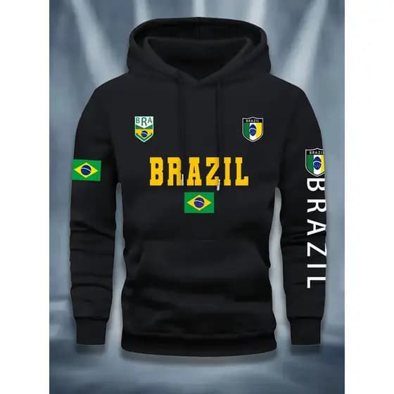Moletom Casual de Outono e Inverno com Capuz e Cordão, e Estampa.Possui um Capuz Ajustável com Cordão, um Bolso Frontal