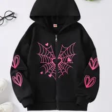 Blusa Moletom  Ziper Feminina Moletom Canguru Teia Love Spider Coração Forrado Casual Bolsos Capuz