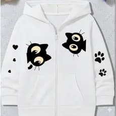 Moletom Unissex com Gatinho Estilizado Ziper Super Confortável Casual Inverno Capuz