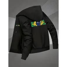 Jaqueta de Moletom de ziper unissex com Capuz e Estampa de Letras Brasileiras - Casaco de Inverno e Bolsos