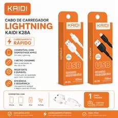Cabo Carregador Compatível para Iphone 1 M Kaidi 7,8,X, XS,XR,11,12,13,14 USB-Lightning