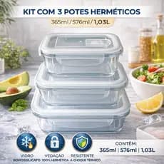 Kit 3 Potes de Vidro Borossilicato Hermetico 3 Tamanhos 1,03L/576ml/365ml Retangular