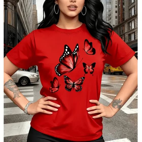 Camiseta Blusinha T Shirt Feminina Borboleta Algodão Moderna Estilosa Tendencia