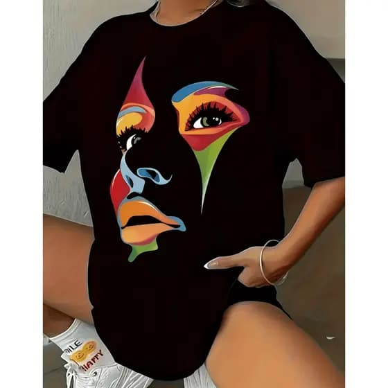 Camiseta Blusão T Shirt Feminina Camisa Rosto Arte Estilosa Moderna
