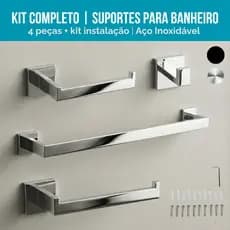 Kit Acessório Banheiro 4 Peças 60cm Aço Inox 304 Luxo Toalheiro Parede Preto Cromado Lavabo Quadrado