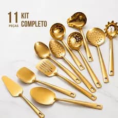 Kit Utensílios 11 Peças Aço Inox Dourado Conjunto Cozinha Talheres Servir Inoxidável Espátula Luxo