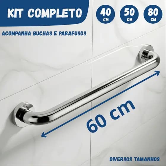 Barra Apoio 40 60 80cm Antiqueda Inox Banheiro Escada Corrimão Acessibilidade Suporte Idoso Alça PCD