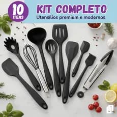 Kit 10 Peças Conjunto Utensílios Cozinha Silicone Inox Jogo Colheres Pegador Concha Preto Vermelho