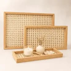 Bandeja Organizadora Decorativa Retangular Palha Madeira Bambu Vidro Multiuso Luxo Dourado Sala Banheiro