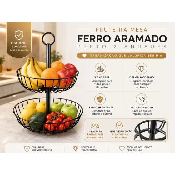 Fruteira Aramada 2 Andares Preta | Porta Frutas Elegante para Cozinha