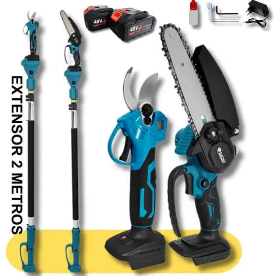 Kit Moto Serra Eletrica + Tesoura de Poda + Extensor 2 Metros Com 2 baterias 48v Sem Fio Bivolt