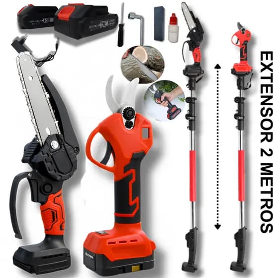 Kit Motosserra 6''+ Alicate De Poda Eletrico + Extensor 2 Metros Com 2 Baterias 48v Sem Fio Portatil